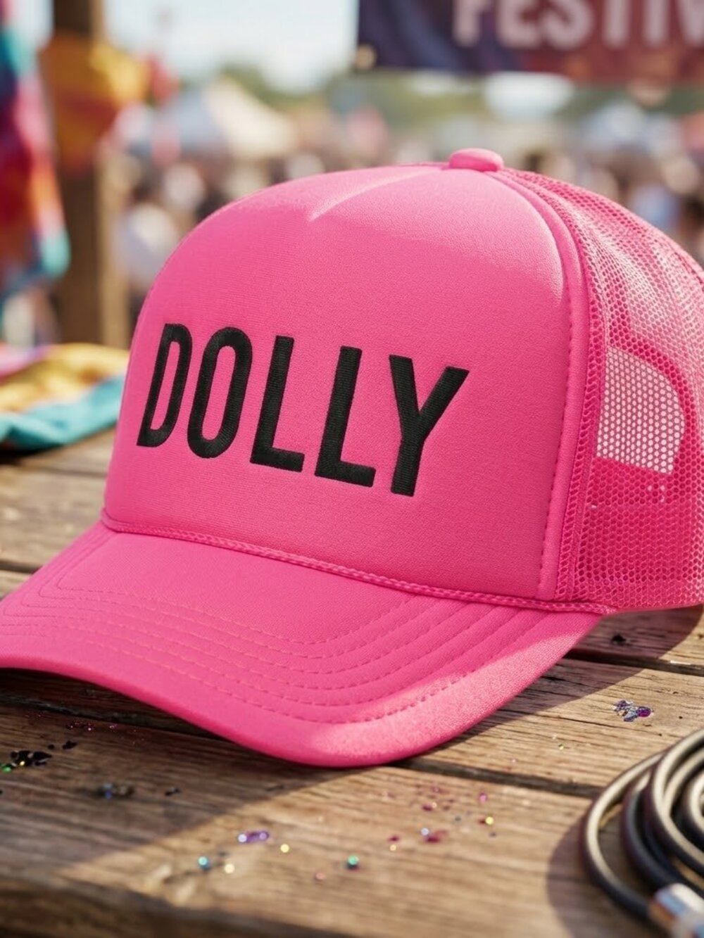 Dolly Country Music Tribute Embroidered Hot Pink Foam Rope Snapback Hat Retro 70